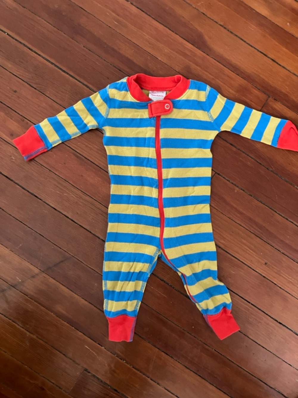 Striped Hanna Andersson Yellow & Blue footless sleeper with Red Trim